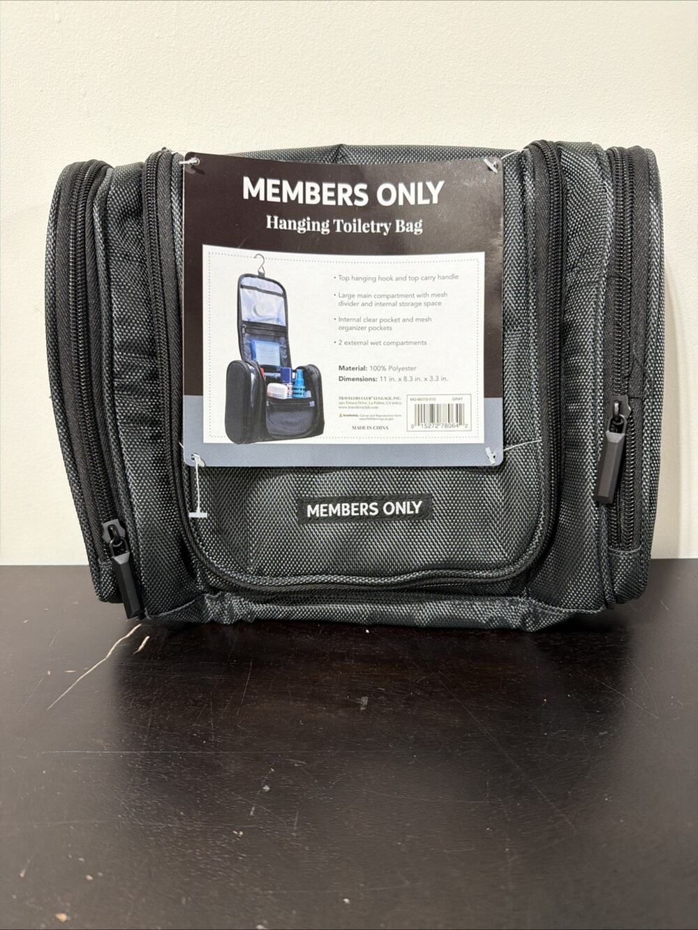Members Only Gray‎ Hanging Toiletry Bag Rotating Hook Organizer Travel/Bathroom